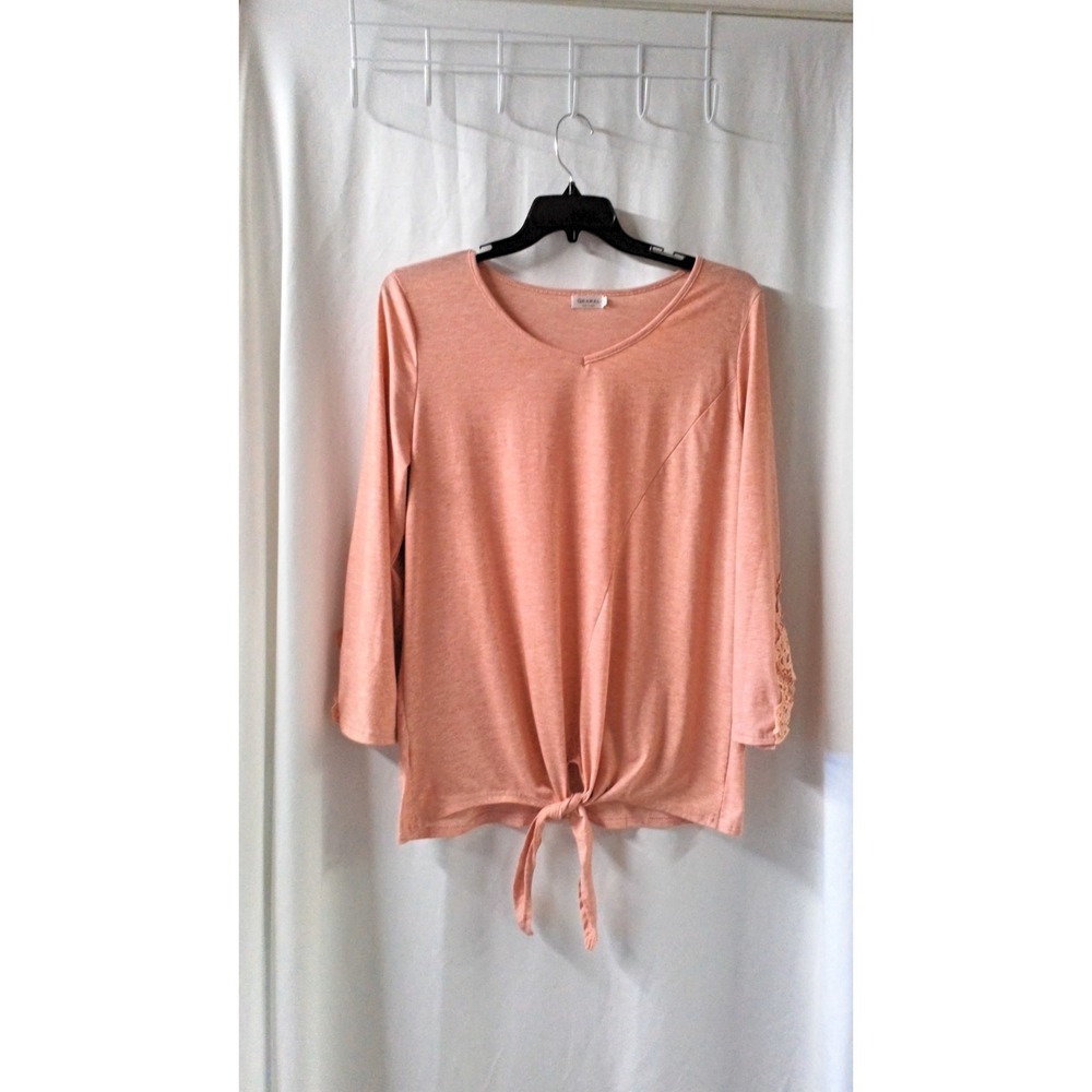 Qearal Peach Marled V-Neck Front Tie‎ Top Crochet Lace 3/4 Sleeve XL Womens